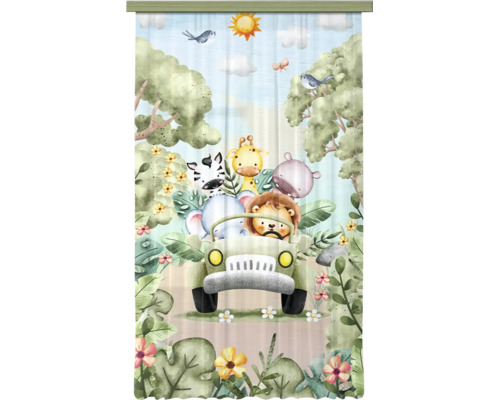 Kindergordijn met safari-motief: een leeuw, zebra, giraffe, nijlpaard en olifant rijden in een auto door de jungle.