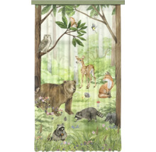 Decoratief gordijn met een geïllustreerde bosscène met een beer, vos, hert, wasberen en een uil tussen bomen en bloemen.