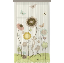 Half-transparant gordijn met een kleurrijk motief van bloemen, vogels, vlinders, libellen, een slak en insecten.