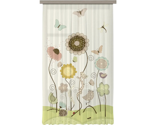 Half-transparant gordijn met een kleurrijk motief van bloemen, vogels, vlinders, libellen, een slak en insecten.