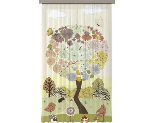 Paneelgordijn met kleurrijke boom van bloemen en vlinders plus vogels, een egel en paddenstoelen.