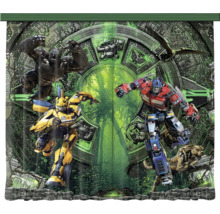 Fotobehang Transformers Rise of the Beasts met Optimus Prime, Bumblebee en Optimus Primal voor een stenen monument in de jungle.