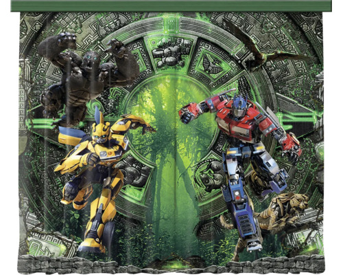 Fotobehang Transformers Rise of the Beasts met Optimus Prime, Bumblebee en Optimus Primal voor een stenen monument in de jungle.