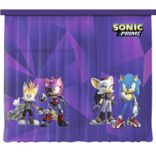 Gordijn voor de kinderkamer met Sonic Prime-personages zoals Sonic, Tails, Amy en Rouge. Sonic Prime Logo rechtsboven.