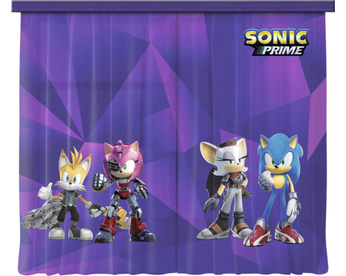 Gordijn voor de kinderkamer met Sonic Prime-personages zoals Sonic, Tails, Amy en Rouge. Sonic Prime Logo rechtsboven.