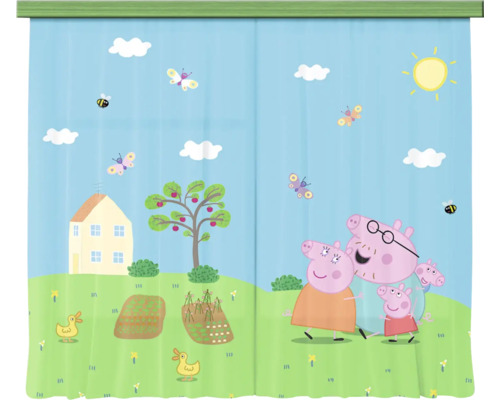 Peppa Pig kindergordijn met Peppa, George, Mama Pig en Papa Pig in een landschap met huis en tuin.