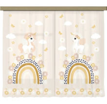 Halfdoorzichtig gordijn voor de kinderkamer met eenhoorn, regenboog, bloemen en vlindermotief.