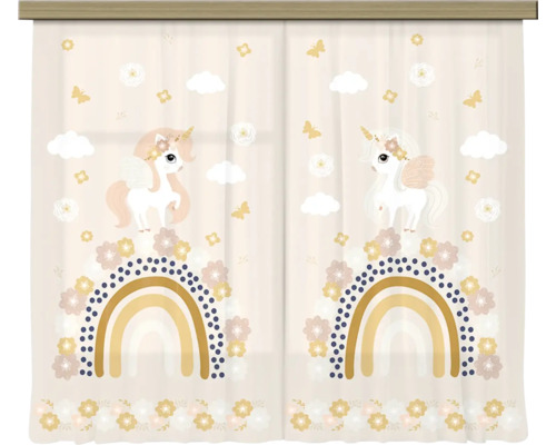 Halfdoorzichtig gordijn voor de kinderkamer met eenhoorn, regenboog, bloemen en vlindermotief.