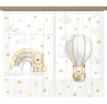 Transparant kindergordijn set van twee met motieven van teddyberen, regenboog, luchtballon, sterren en wolken voor de kinderkamer.