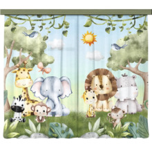Kindergordijn met jungledieren zoals giraf, olifant, leeuw en zebra in aquarelstijl.