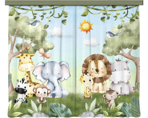 Kindergordijn met jungledieren zoals giraf, olifant, leeuw en zebra in aquarelstijl.