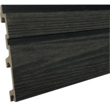 WPC schuttingplank met houtnerf en messing-en-groefprofiel in antraciet.