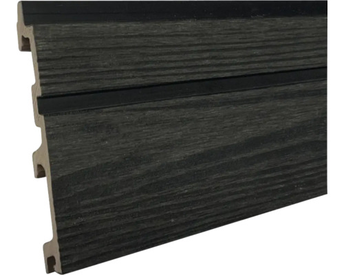 WPC schuttingplank met houtnerf en messing-en-groefprofiel in antraciet.