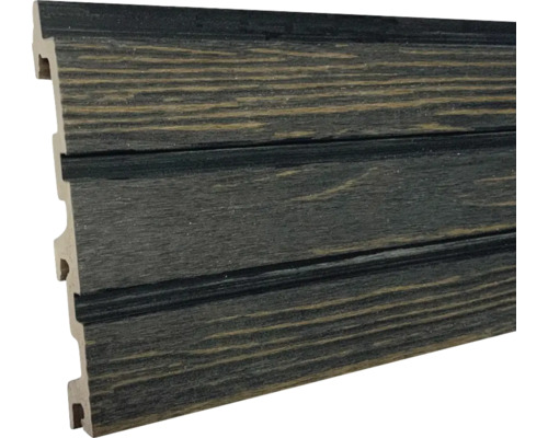 Gevelpaneel van hout-kunststof-composiet in antraciet met houtnerf en rhombusprofiel.