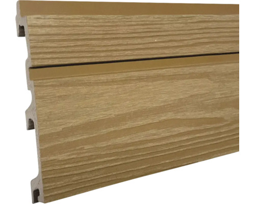 Gevelpaneel in houtlook met fijne houtnerfstructuur en tand-en-groefverbinding voor wandbekleding.