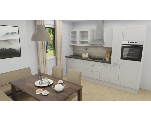 Moderne witte inbouwkeuken met inbouwapparatuur en eethoek met houten tafel en beklede bank.