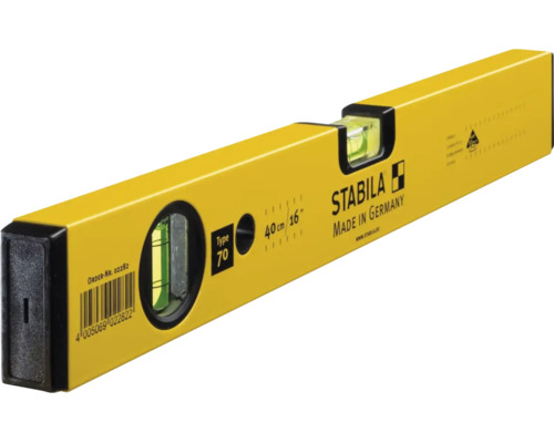 Gele Stabila waterpas Type 70, lengte 40 centimeter, met horizontale en verticale libel.