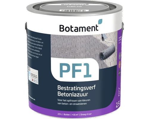 Blik grijze Botament PF1 Bestratingsverf Betonlazuur 2,5 liter voor het opfrissen van beton en straatstenen buiten.