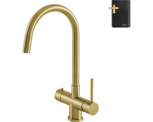 Selsiuz 3-in-1 keukenkraan met C-uitloop en boiler in goud geborsteld.