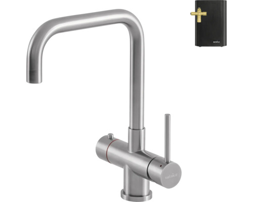Selsiuz kokendwaterkraanset met een mengkraan in roestvrij staal look en een aparte boiler.