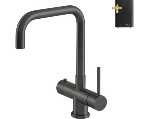 Selsiuz keukenkraan met U-uitloop, eenhendelmengkraan en bijbehorende kokendwaterboiler.