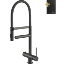 Selsiuz kokendwaterkraan met flexibele spoeldouche en bijbehorende boiler voor de keuken in gunmetal.