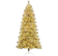 Kunstkerstboom in goudlook met geïntegreerde ledverlichting en witte metalen standaard.