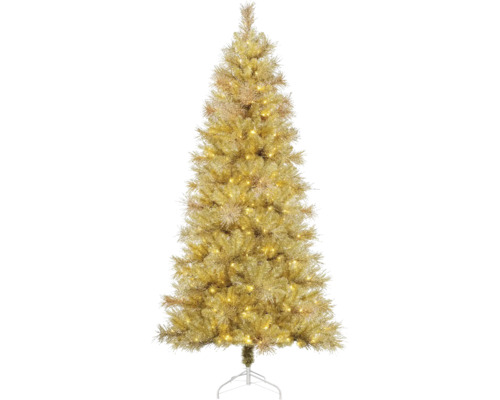 Kunstkerstboom in goudlook met geïntegreerde ledverlichting en witte metalen standaard.
