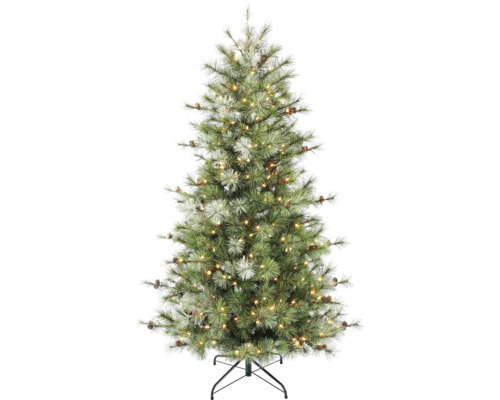 Kunstkerstboom met geïntegreerde ledverlichting en dennenappels op zwarte metalen standaard.