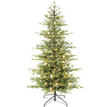 Kunstkerstboom met ledverlichting en ballen, inclusief metalen standaard.