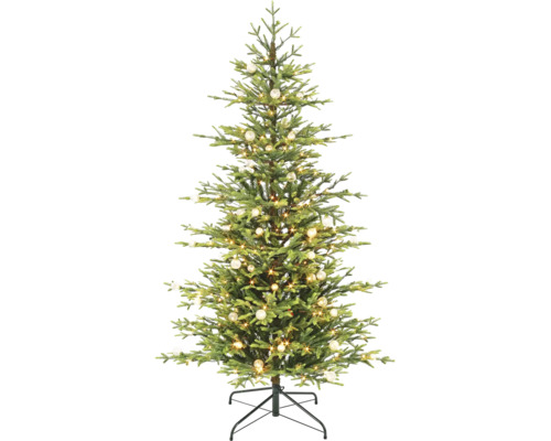 Kunstkerstboom met ledverlichting en ballen, inclusief metalen standaard.