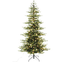 Kunstkerstboom met ledverlichting, kerstballen en metalen standaard.
