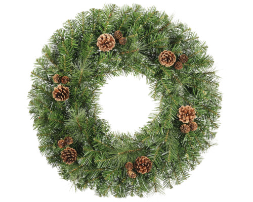 Kunstkerstkrans met groene dennennaalden en bruine dennenappels.