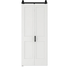 Witte vouwschuifdeur met twee panelen per deurblad en zwart schuifdeurbeslag met handgreep.