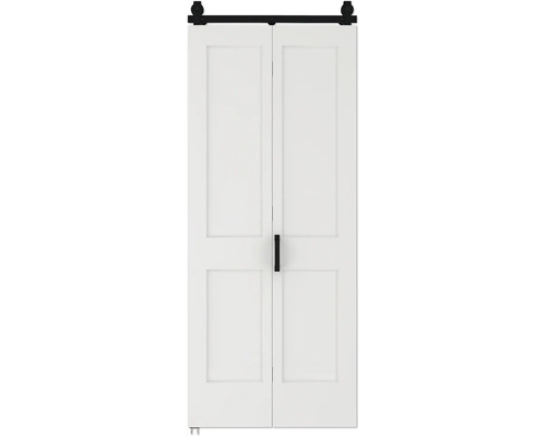 Witte vouwschuifdeur met twee panelen per deurblad en zwart schuifdeurbeslag met handgreep.