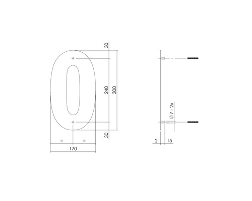 Technische tekening van huisnummer nul met afmetingen