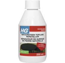 HG Logo, HG Natuursteen toplaag hersteller, 250 milliliter flacon voor natuursteen in de woonkamer, honderd procent recyclebaar plastic.
