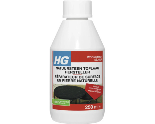 HG Logo, HG Natuursteen toplaag hersteller, 250 milliliter flacon voor natuursteen in de woonkamer, honderd procent recyclebaar plastic.
