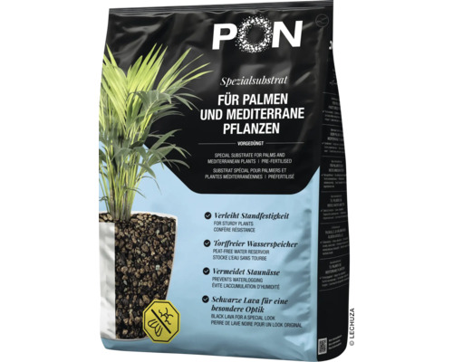 Lechuza PON speciaal substraat voor palmen en mediterrane planten, voorbemest, turfvrij waterreservoir, voorkomt wateroverlast.