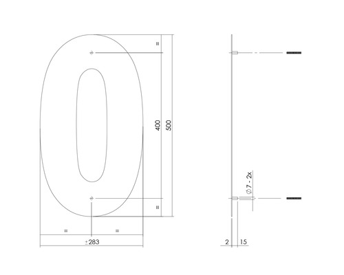 Technische tekening van huisnummer nul met afmetingen