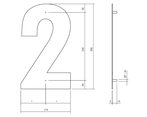 Technische tekening van een huisnummer twee met maatvoering