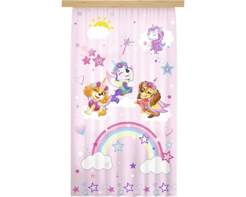 Paw Patrol gordijn voor de kinderkamer met Skye, Everest en Liberty als eenhoorns, regenboog en sterren.