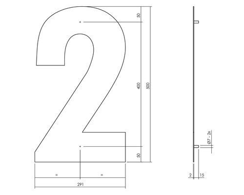 Technische tekening van het cijfer 2 met maatvoering