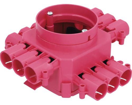 Roze beton-inbouwdoos van kunststof met meerdere buisinvoeren voor elektrische installaties.