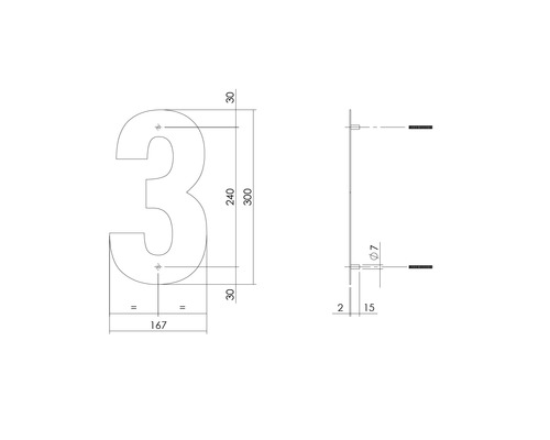 Technische tekening van huisnummer 3 met afmetingen