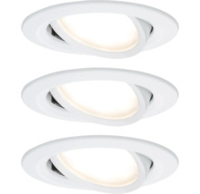 Set van drie ronde, kantelbare LED inbouwspots in wit voor plafondmontage.