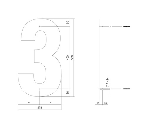 Technische tekening van huisnummer 3 met maatvoering