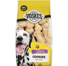 Voskes hondensnacks Cookies Maxi bones, botvormige koekjes, verpakking met afbeelding van een dalmatiër en een honderd procent kwaliteitszegel.