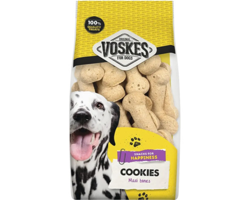 Voskes hondensnacks Cookies Maxi bones, botvormige koekjes, verpakking met afbeelding van een dalmatiër en een honderd procent kwaliteitszegel.