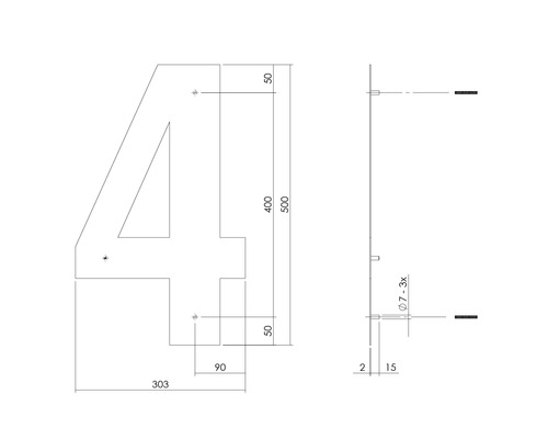 Technische tekening van het cijfer vier met maataanduidingen